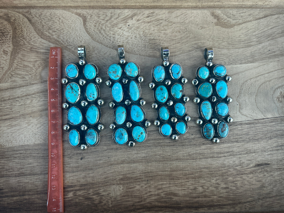 Natural Turquoise Long Pendant, Tibetan Silver Boho Southwestern Jewelry