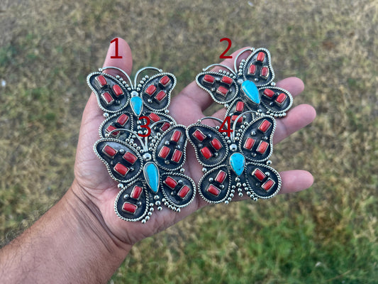 Handmade Turquoise Coral Butterfly Pendant, Tibetan Silver Boho Statement Jewelry