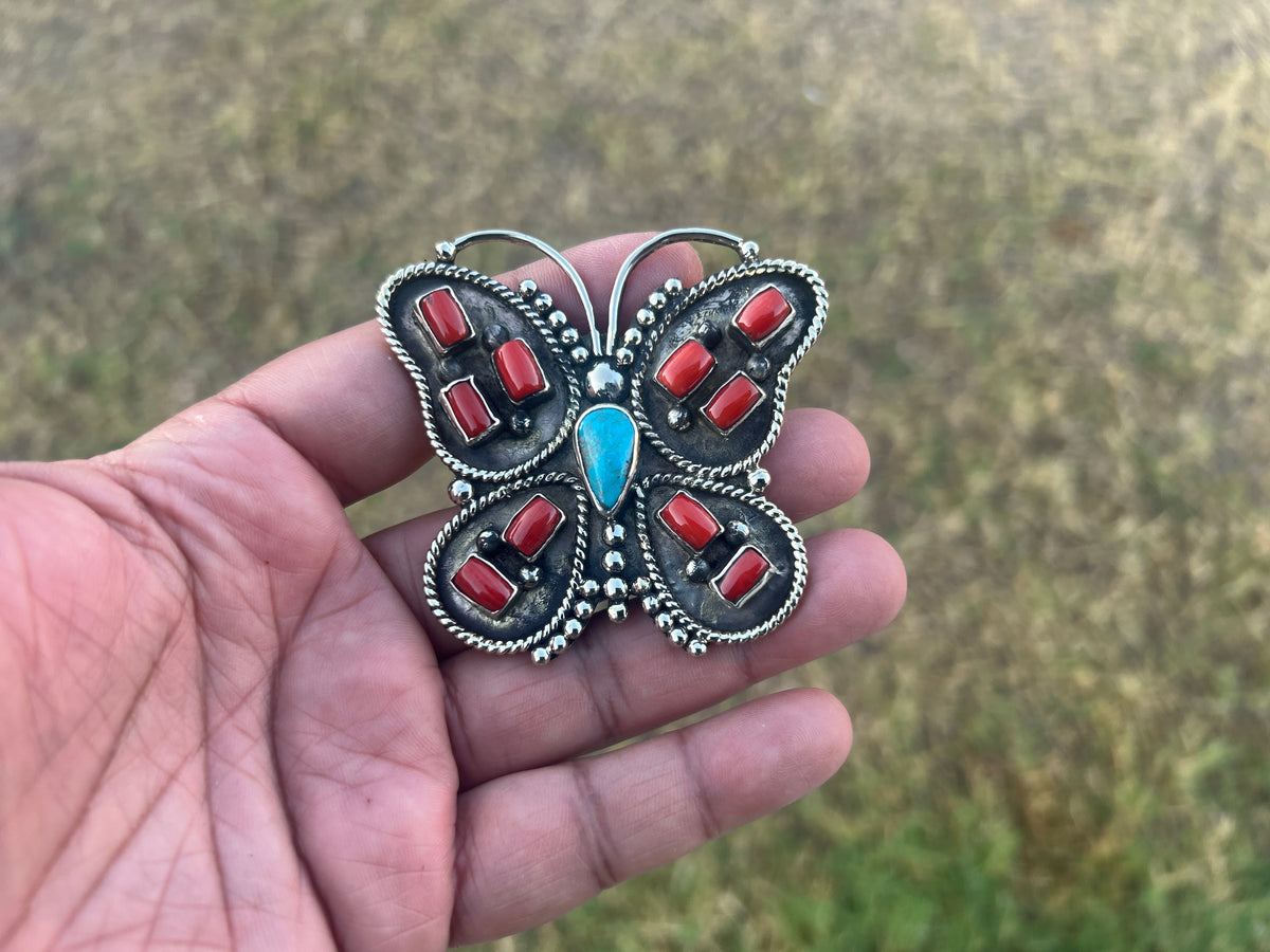 Handmade Turquoise Coral Butterfly Pendant, Tibetan Silver Boho Statement Jewelry