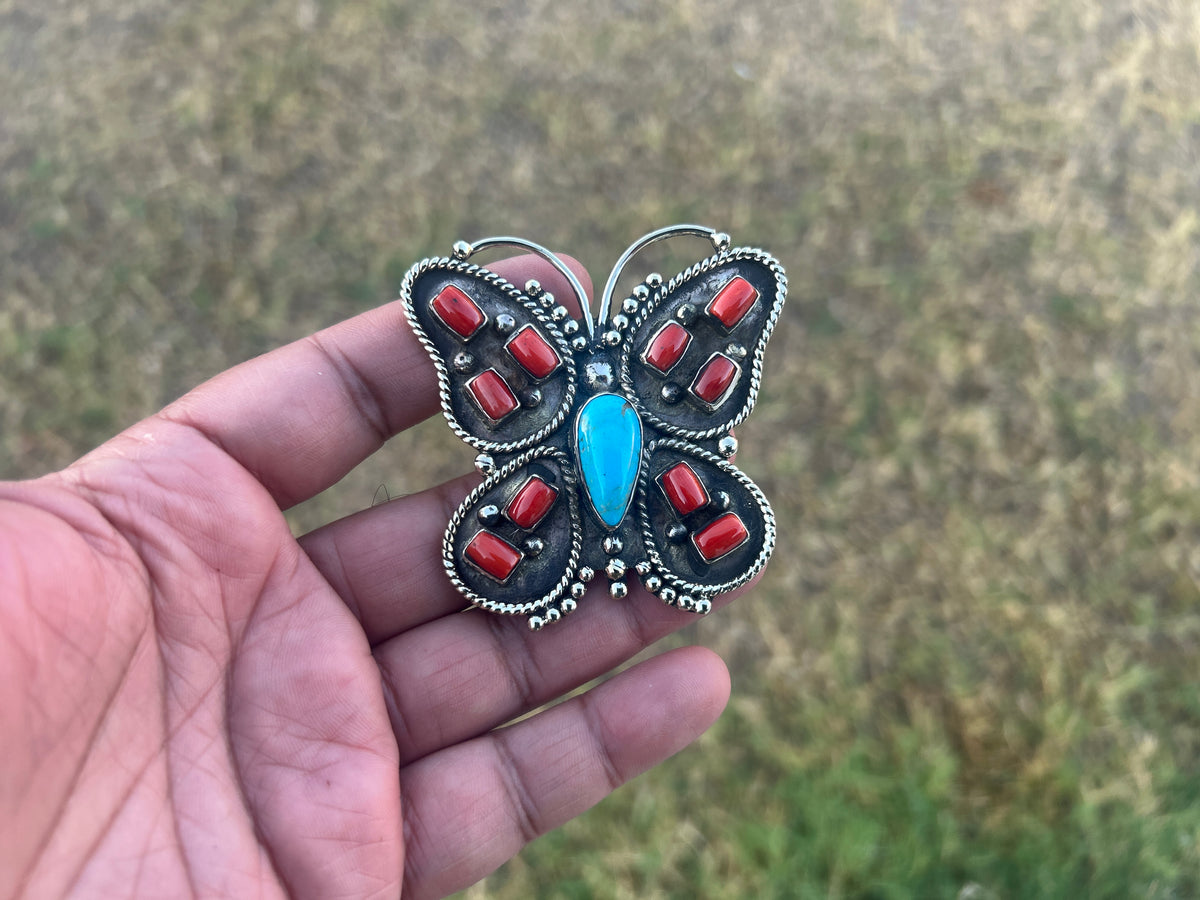 Handmade Turquoise Coral Butterfly Pendant, Tibetan Silver Boho Statement Jewelry