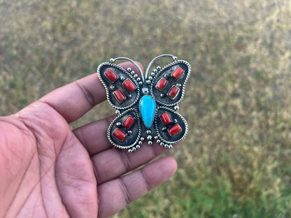Handmade Turquoise Coral Butterfly Pendant, Tibetan Silver Boho Statement Jewelry