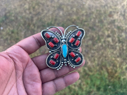 Handmade Turquoise Coral Butterfly Pendant, Tibetan Silver Boho Statement Jewelry
