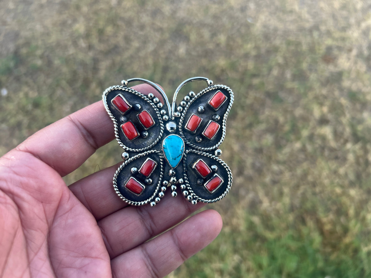 Handmade Turquoise Coral Butterfly Pendant, Tibetan Silver Boho Statement Jewelry