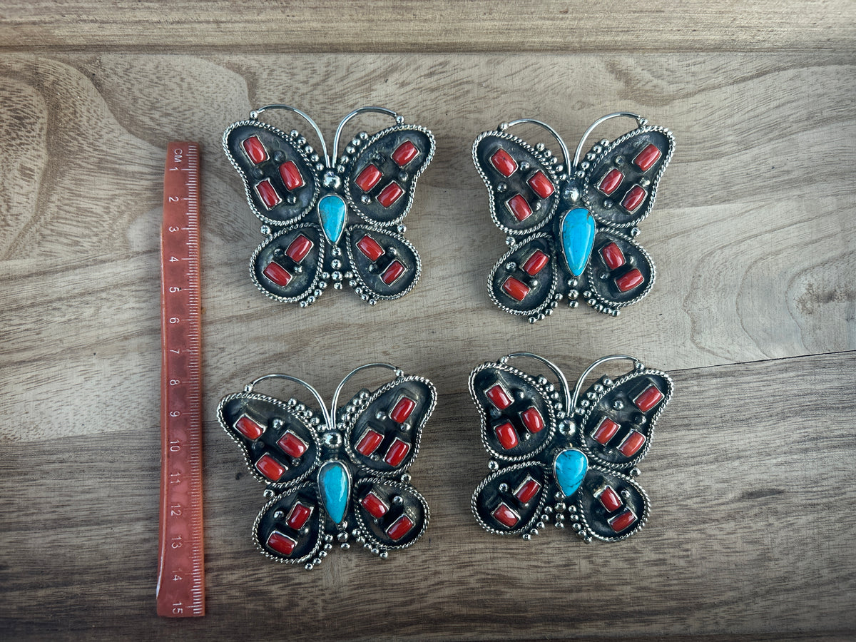 Handmade Turquoise Coral Butterfly Pendant, Tibetan Silver Boho Statement Jewelry