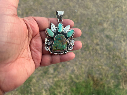 Natural Turquoise Southwestern Pendant: Artisan Tibetan Silver Jewelry – Boho Blue-Green Gemstone