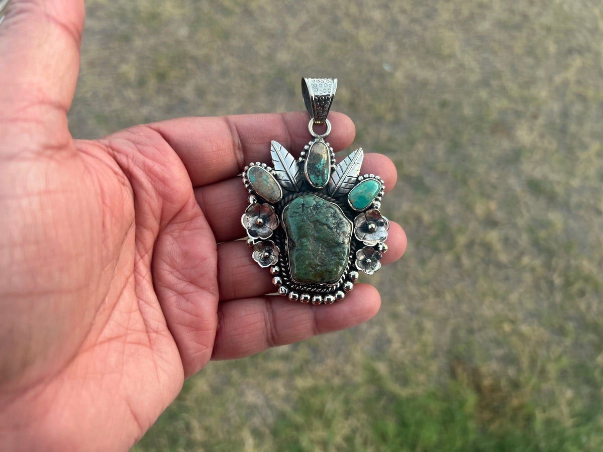 Natural Turquoise Southwestern Pendant: Artisan Tibetan Silver Jewelry – Boho Blue-Green Gemstone