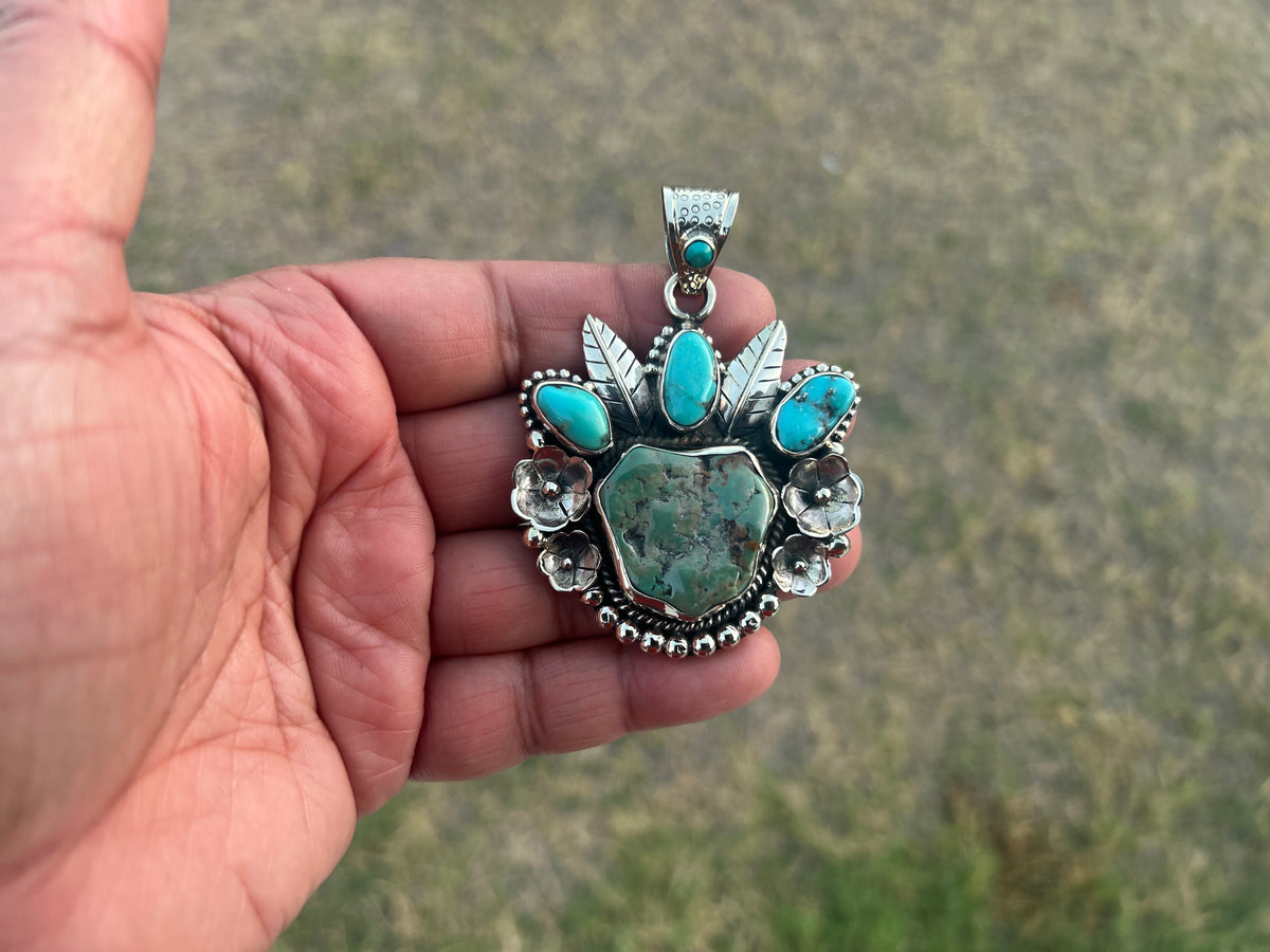 Natural Turquoise Southwestern Pendant: Artisan Tibetan Silver Jewelry – Boho Blue-Green Gemstone
