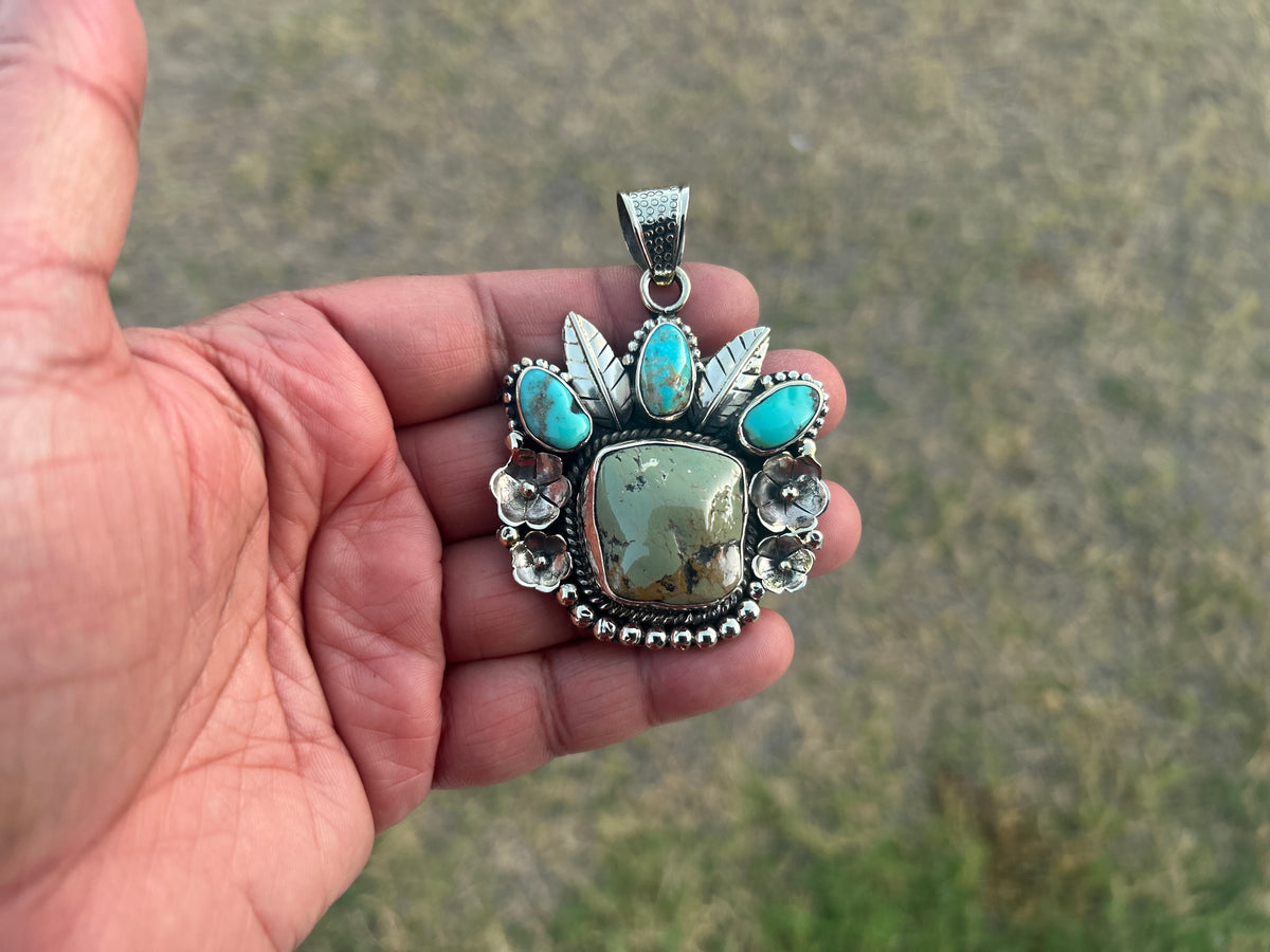 Natural Turquoise Southwestern Pendant: Artisan Tibetan Silver Jewelry – Boho Blue-Green Gemstone