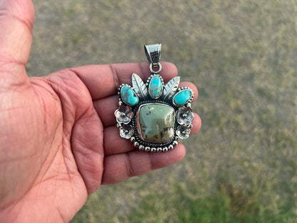 Natural Turquoise Southwestern Pendant: Artisan Tibetan Silver Jewelry – Boho Blue-Green Gemstone