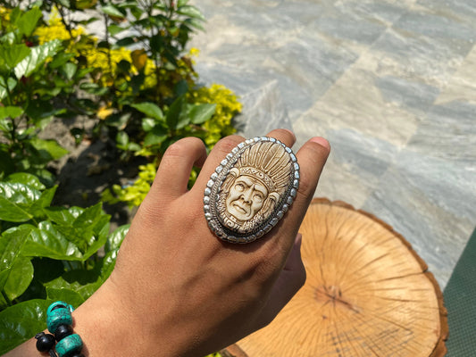 Indian Chief Carving on Buffalo Bone, Tibetan Silver Ring, Adjustable ring.