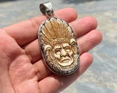 Indian Chief Head Carved on Buffalo Bone, Unique Bone Pendant, Tibetan Silver Pendant, Boho fashion, Unisex pendant for daily wear.