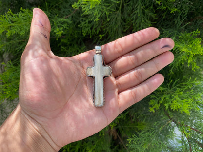 Sacred Harmony: Intricately Carved Buffalo Bone Cross with Tibetan Silver, Buffalo Bone Cross Enhanced with Tibetan Silver.