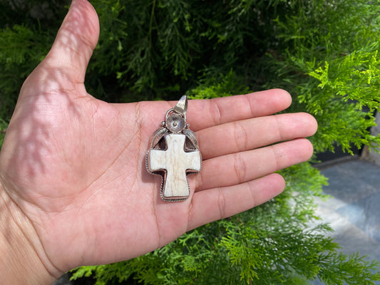 Intricately Designed Buffalo Bone Cross with Tibetan Silver Floral Accents, Trending Cross Pendant