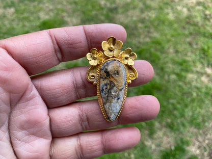 Jasper Brushed Gold Overlay Non Tarnish Small Natural Jasper Pendant, Flower Design, Unique Jewelry For Nature Lover, Natural Stone Pendant