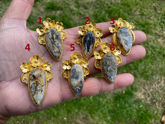 Jasper Brushed Gold Overlay Non Tarnish Small Natural Jasper Pendant, Flower Design, Unique Jewelry For Nature Lover, Natural Stone Pendant