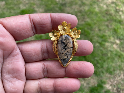 Jasper Gold Overlay Non Tarnish Small Pendant with Natural Jasper, Flower Design, Unique Jewelry For Nature Lover, Natural Stone Pendant