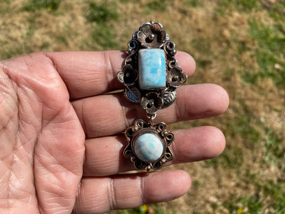 Larimar Natural Stone Tibetan Silver Pendant, Jewelry for Women, Ethnic Jewelry, Energy Stone Pendant, Birthstone, Hill Tribe Jewelry, Boho