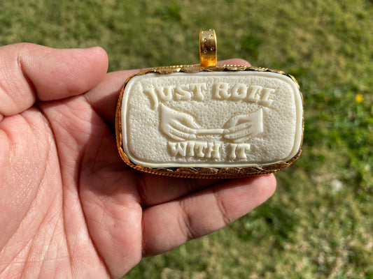Just Roll with It Funny Bone Pendant, Non Tarnish 18k Brushed Gold Overlay, Marijuana Lovers Jewelry, Blunt Roller Pendant, Cannabis