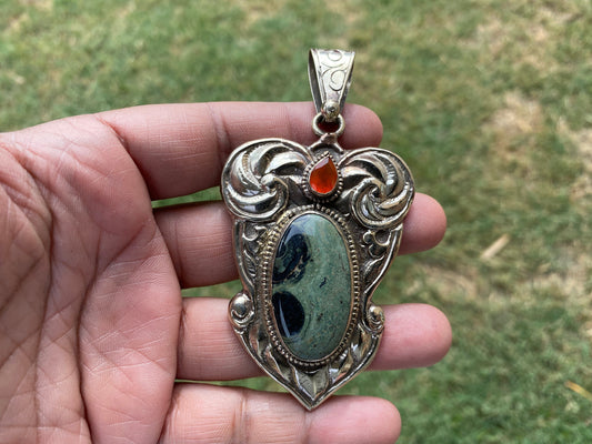 Kambaba Jasper Natural Stone With Carnelian, Tibetan Silver Pendant, Ethnic Jewelry, Jewelry for Women, Necklace Pendant, Bohemian Jewelry