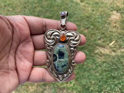 Kambaba Jasper Natural Stone With Carnelian, Tibetan Silver Pendant, Ethnic Jewelry, Jewelry for Women, Necklace Pendant, Bohemian Jewelry