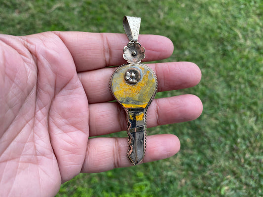 Key Pendant, Natural Stone Bumblebee Jasper Tibetan Silver Pendant, Key Jewelry, Happiness Fortune Gift for Men or Women, Skeleton Key