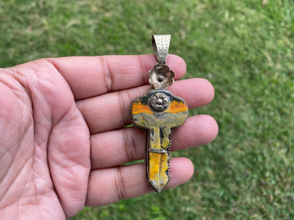 Key to Nature's Beauty Bumblebee Jasper Tibetan Silver Pendant, Handmade Key-Shaped Jewelry, Artistic Key Pendant, Boho Style Jasper Pendant