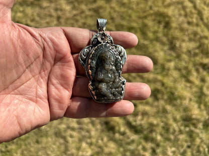 Lord Ganesh Labradorite Pendant, Known As the Remover of Obstacles, Tibetan Silver, Hindu Amulet, Spiritual Jewelry, Stone Carved Ganesh