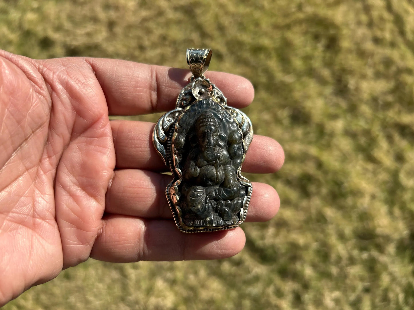 Lord Ganesh Labradorite Pendant, Known As the Remover of Obstacles, Tibetan Silver, Hindu Amulet, Spiritual Jewelry, Stone Carved Ganesh