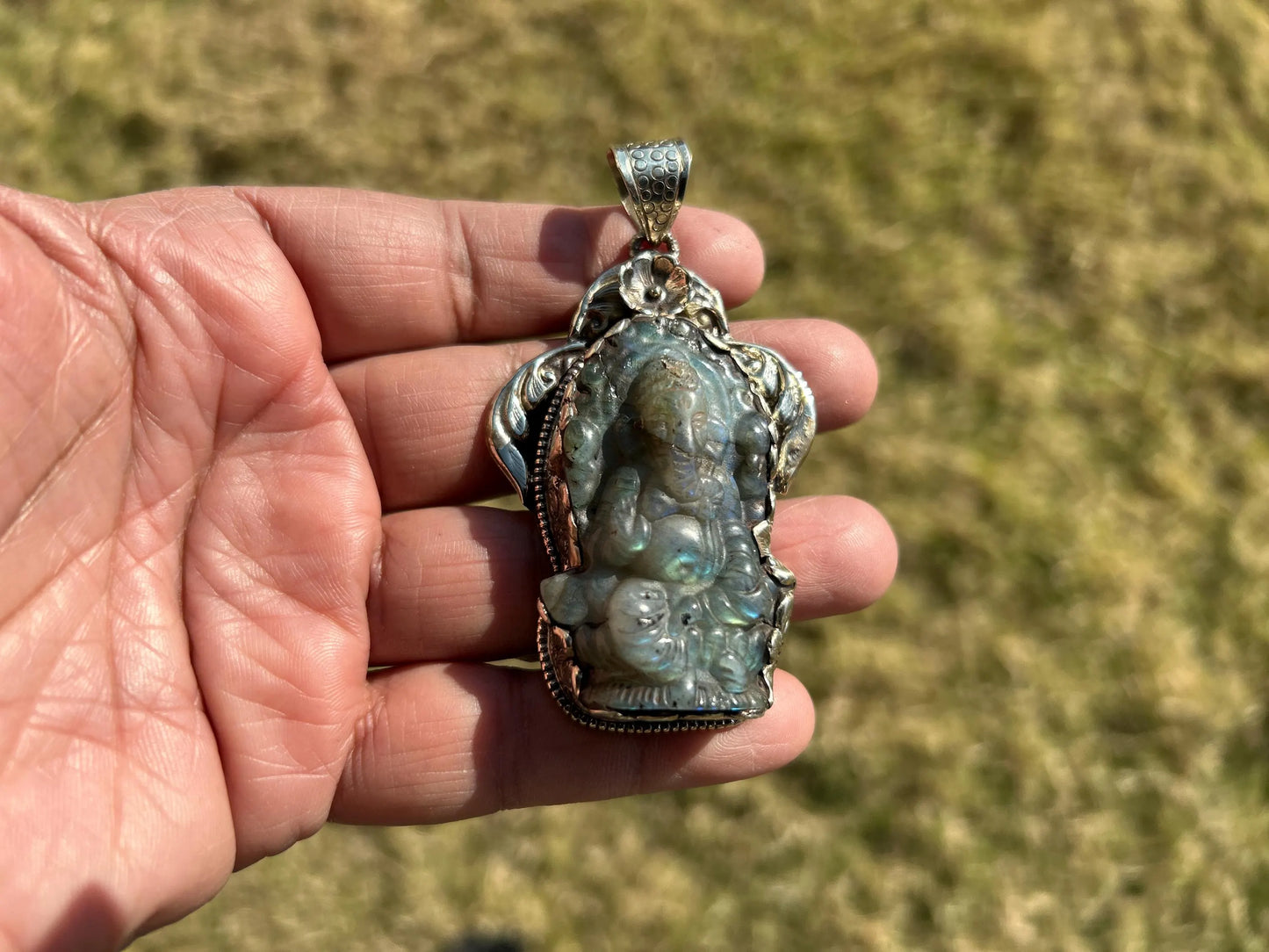 Lord Ganesh Labradorite Pendant, Known As the Remover of Obstacles, Tibetan Silver, Hindu Amulet, Spiritual Jewelry, Stone Carved Ganesh