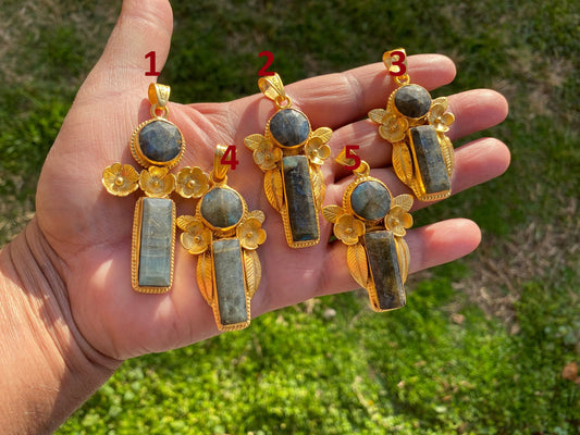 Labradorite Gemstone Brushed Gold Overlay Pendant, Non Tarnish, Natural Stone Pendant for Necklace, Perfect for Simple Chain Necklace