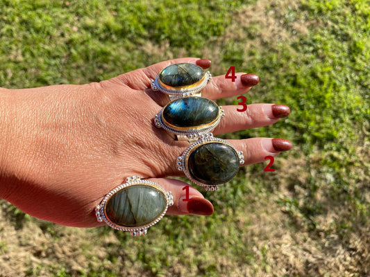 Big Adjustable Two Tone Ring, Labradorite Gemstone, Gold with Silver Overlay Ring, Statement Ring, Chunky Ring, Boho Rings, Wide Band Ring