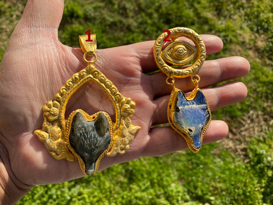 Labradorite Natural Stone Fox or Opalite with Evil Eye Pendant, Non Tarnish Brushed Gold Overlay Jewelry, Fox Pendant for Necklace