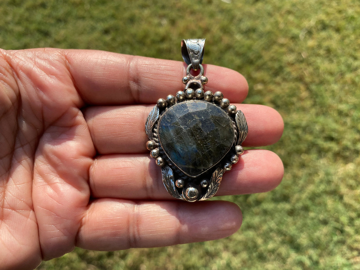 Labradorite Natural Stone Tibatan Silver Pendant, Anxiety Relief Pendant, Ethnic Handmade Jewelry, Necklace Pendant, Healing Crystal Pendant