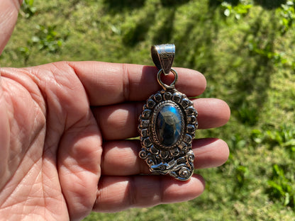 Labradorite Natural Stone Tibetan Silver Pendant, Anxiety Relief Pendant, Ethnic Handmade Jewelry, Necklace Pendant, Healing Crystal Pendant