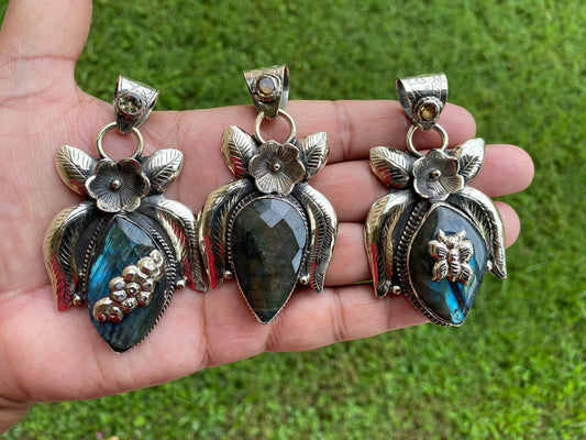 Labradorite Natural Stone Tibetan Silver Pendant, Citrine Gemstone, Tibetan Jewelry, Women's Jewelry, Birthstone, Flower Designs, Bohemian