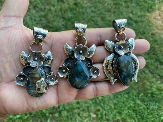 Labradorite Natural Stone Tibetan Silver Pendant with Citrine Gemstone, Healing Crystal, Birthday Gift, Birthstone Jewelry, Unique Designs