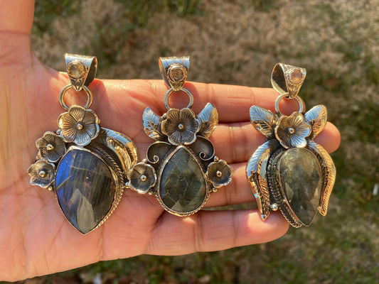 Labradorite Natural Stone with Citrine Tibetan Silver Pendant, Healing Crystal, Gift for Men or Wife, Ethnic Jewelry, Birthstone Pendant