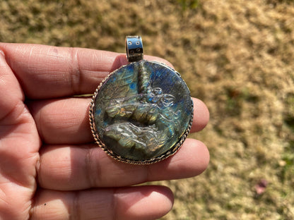 Carved Unicorn Labradorite Tibetan Silver Pendant, Horse Pendant, Labradorite Unicorn, Blue Labradorite, Healing Crystal, Animal Pendant