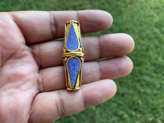 Lapis Inlaid Matte Gold Beads, Bicone Shape Bead, Tibetan Himalayan Tribal Ethnic Beads, 18k Gold Overlay over Brass, Anti Tarnish Bead