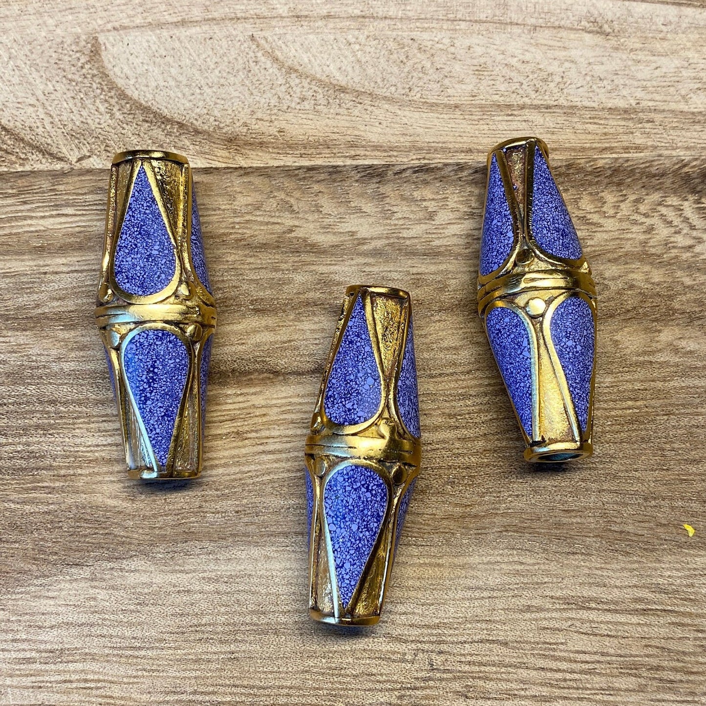 Lapis Inlaid Matte Gold Beads, Bicone Shape Bead, Tibetan Himalayan Tribal Ethnic Beads, 18k Gold Overlay over Brass, Anti Tarnish Bead