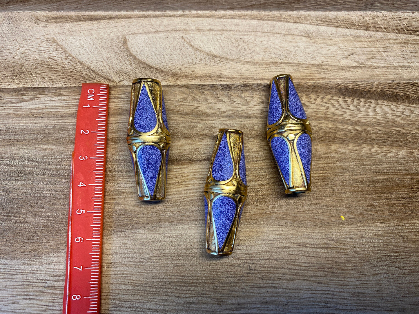 Lapis Inlaid Matte Gold Beads, Bicone Shape Bead, Tibetan Himalayan Tribal Ethnic Beads, 18k Gold Overlay over Brass, Anti Tarnish Bead