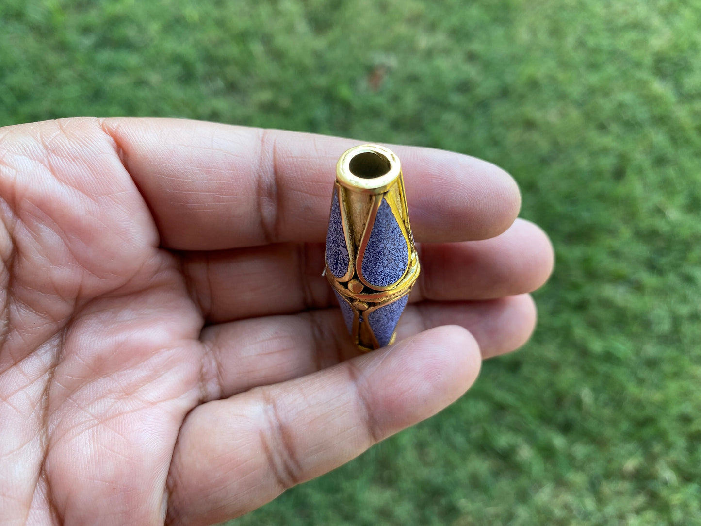 Lapis Inlaid Matte Gold Beads, Bicone Shape Bead, Tibetan Himalayan Tribal Ethnic Beads, 18k Gold Overlay over Brass, Anti Tarnish Bead
