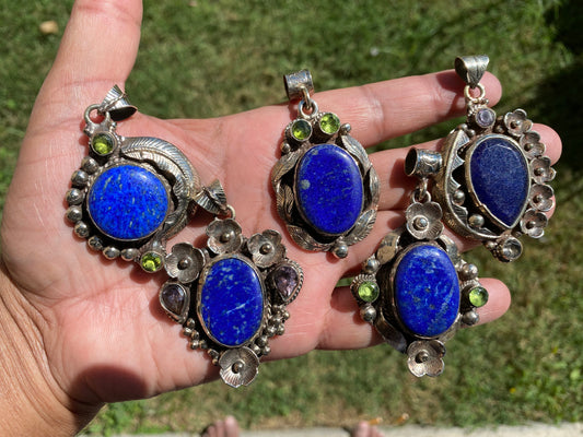 Lapis Lazuli Natural Stone Tibetan Silver Pendant, Faceted Peridot  or Amethyst Gemstone, Tribe Ethnic Jewelry, Birthstone Necklace Pendant