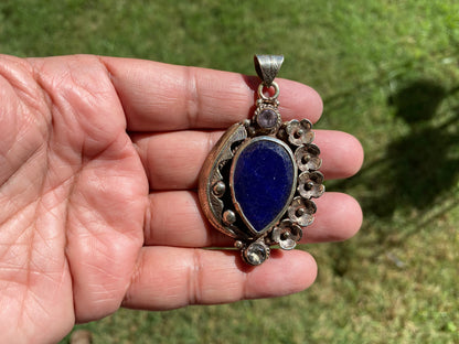 Lapis Lazuli Natural Stone Tibetan Silver Pendant, Faceted Peridot  or Amethyst Gemstone, Tribe Ethnic Jewelry, Birthstone Necklace Pendant