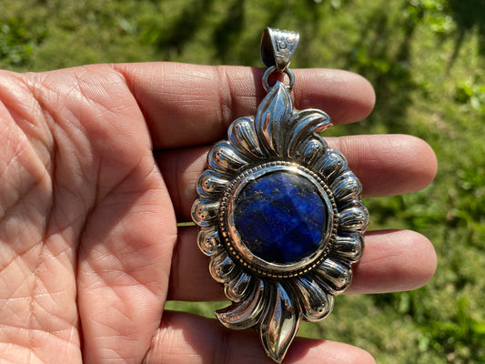 Lapis Lazuli Natural Stone Tibetan Silver Pendant, Ethnic Jewelry, Tibetan Pendant, Tribal Jewelry, Handmade Jewelry from Nepal, Birthstone