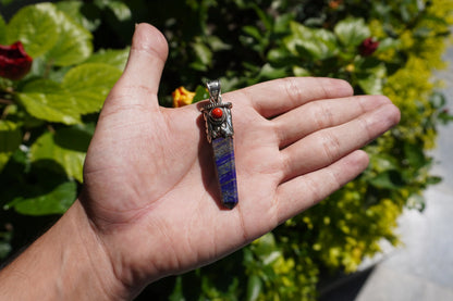 Lapis lazuli with Red Coral Tibetan Silver Pendant | Healing Pendant, Natural Gemstone, Unisex Pendant, Pointed Pendant, Handmade gift ideas