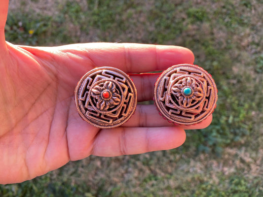 Large 39mm Tibetan Copper Bead with Coral or Turquoise, Spacer Bead, Guru Bead, Handmade Beads, Metal Bead for Necklace, Hill tribe Jewelry