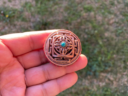 Large 39mm Tibetan Copper Bead with Coral or Turquoise, Spacer Bead, Guru Bead, Handmade Beads, Metal Bead for Necklace, Hill tribe Jewelry