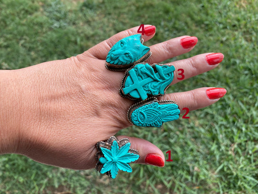 Large Adjustable Compressed Turquoise Tibetan Silver Ring, Cross, Hamsa, Bear or Marijuana's Leaf Carved Rings, Bohemian Jewelry