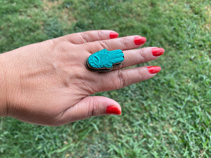 Large Adjustable Compressed Turquoise Tibetan Silver Ring, Cross, Hamsa, Bear or Marijuana's Leaf Carved Rings, Bohemian Jewelry